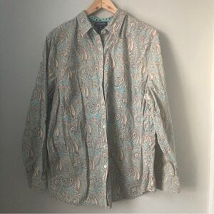 Jones New York Signature blue tan long sleeve button down shirt paisley print 2X